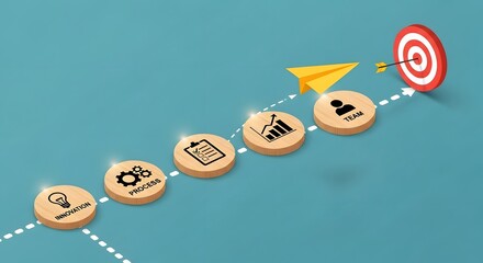 Illustration of business progress steps leading to a target with an arrow hitting the bullseye, symbolizing goal achievement and success strategy