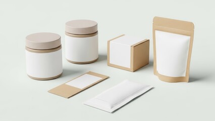 Assorted blank product packaging mockups on light background
