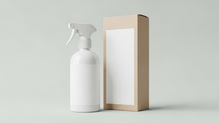 Blank white spray bottle and cardboard box on gray background