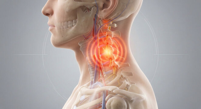 Anatomical illustration depicting the human neck highlighting vascular and nerve structures