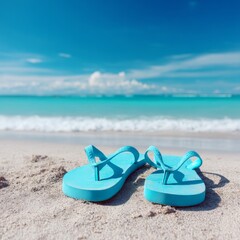 A pair of blue flip-flops resting on the sandy beach with the ocean in the background under a clear sky.