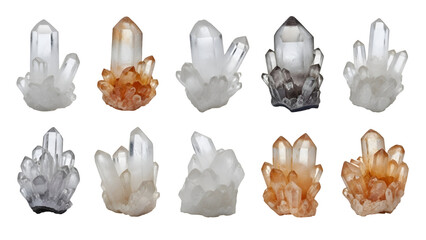 Collection of crystal clusters in various colors and shapes