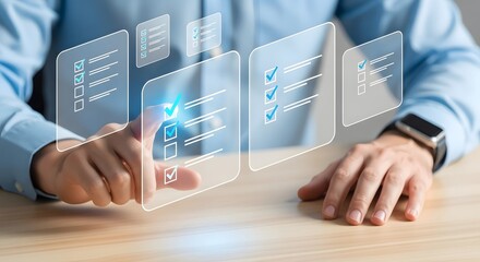 Illustration of businessman interacting with futuristic holographic checklist interface, confirming task completion with a glowing checkmark on a transparent screen