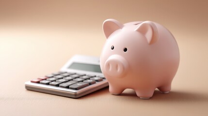 Pink piggy bank sits on a table next to a calculator