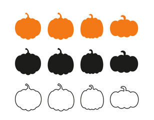 Pumpkin Silhouettes Collection in Solid and Outline Styles. Halloween Autumn Illustration for Seasonal Design and Decorations