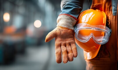 Close-up of a construction worker's hand holding a hard hat and safety glasses, showcasing industrial safety.