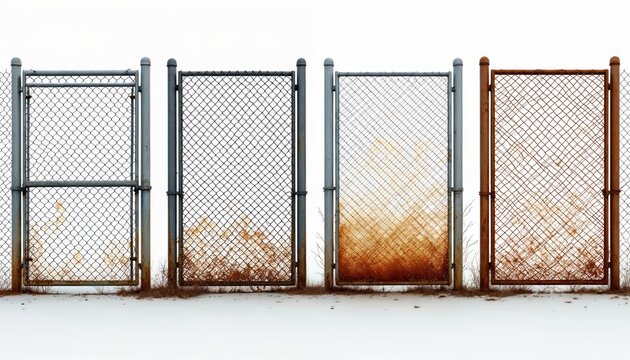 Four chain link fence sections exhibit varied rust and wear. Gray metal and rusty iron posts support diamond pattern wire mesh. Outdoor ground shows sparse dry grass and white expanse.