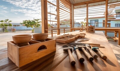 Wooden bowls and tools arranged on a table in a workshop setting.
