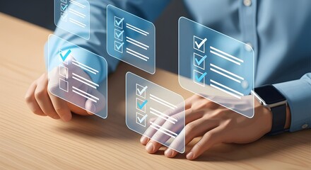 Illustration of business person interacting with holographic checklist interface showing task completion and digital approval process in modern office setting