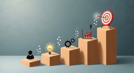 Illustration of business concept showing progressive steps on wooden blocks leading to a target with an arrow, symbolizing goal achievement and success