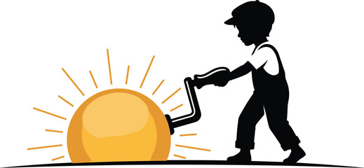 Child silhouette turning crank to power glowing sun, effort and creativity concept, generating ideas, motivation through action, childhood imagination, positive energy, black and white illustration