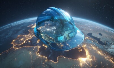 A transparent hard hat superimposed over a glowing Earth, symbolizing global construction and innovation.
