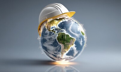 A conceptual image of planet Earth wearing a construction helmet, symbolizing global construction and environmental awareness.