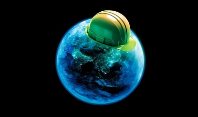 A conceptual image of Earth wearing a construction helmet, symbolizing environmental protection and global construction.