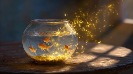 An ovel shaped aquarium with gold fishes