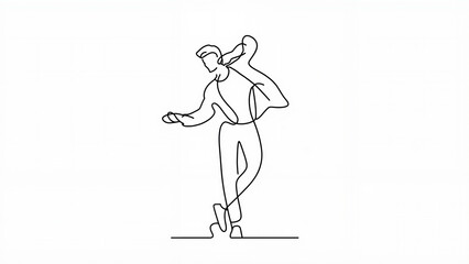 Minimalist continuous line drawing of dancing figure in elegant pose with copy space