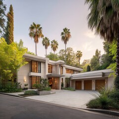 Modern luxury home with a concrete driveway and a three-car garage, surrounded by palm trees.