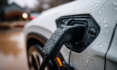 Close-up shot of a white electric vehicle being charged in the rain.
