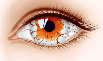 Close-up of an eye with visible blood vessels, showing a detailed view of the iris and sclera.