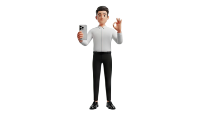 3D Man holding smartphone making OK gesture on transparent background