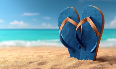 A pair of blue flip-flops standing upright on a sandy beach with the ocean in the background under a bright blue sky.