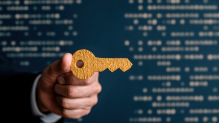 A hand holds a golden key against a blurred digital background, symbolizing access, security, and unlocking potential.