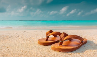 A pair of brown leather flip-flops resting on a sandy beach with the ocean in the background under a bright sky.
