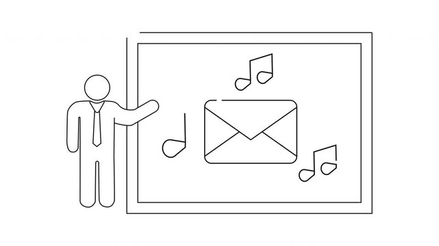 Line drawing Person presents board with envelope  musical notes