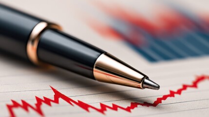 A close-up of a pen on a financial chart displaying a fluctuating red line, symbolizing market trends and analysis.
