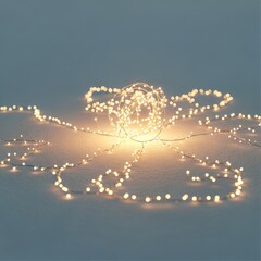 Soft string lights are laid across a grey surface, creating a magical and warm mood. Could be used for advertising or web design, particularly during