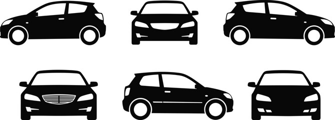 Black car silhouette icons set featuring sedan and hatchback vehicles, front and side view transportation, automotive traffic vector flat illustrations © Creatives World