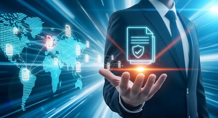 Illustration of businessman holding glowing digital document icon with shield overlay against abstract blue background featuring world map and data flow