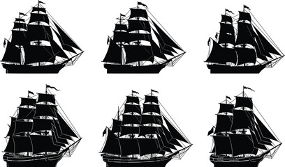 PrintBlack sailing ship silhouette icons set featuring vintage pirate vessels, tall ships, nautical maritime travel, ocean explorer boats vector flat illustrations © Creatives World