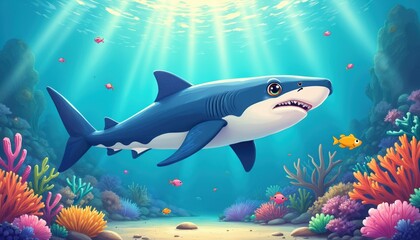 Fototapeta premium Friendly whale swims in sunlit ocean water. Tiny fish swim near colorful coral reef and seabed. Marine life exploration illustration for kids.