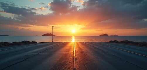 Empty asphalt road leads to ocean at sunset. Sun sets behind distant islands over calm sea. Golden light reflects on wet road surface creating dramatic pathway.