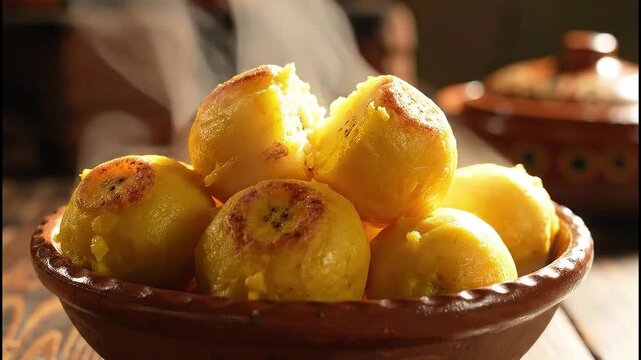 Steaming hot plantain balls in clay bowl with smoke and cinematic lighting