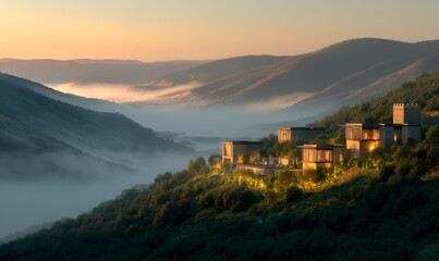 A scenic view of a hillside village nestled in a valley with morning mist.