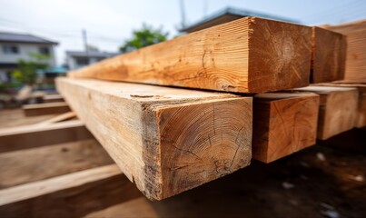 Close-up shot of stacked wooden beams, showcasing the natural grain and texture of the lumber.