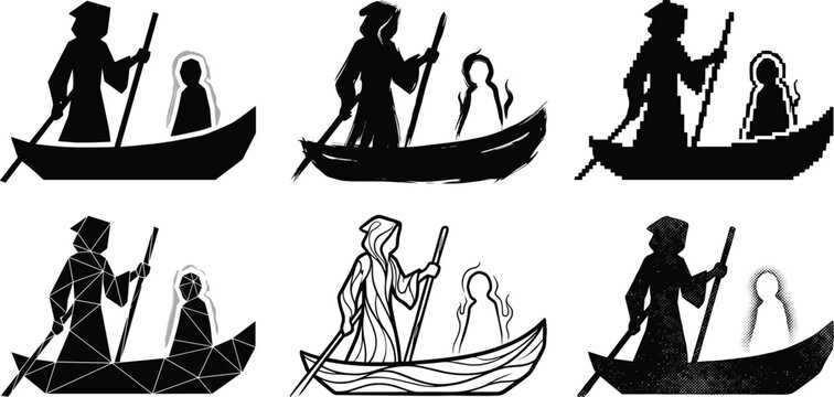 Mythical ferryman boat silhouettes guiding souls, dark fantasy afterlife illustration set, symbolic journey across river, monochrome vector art collection