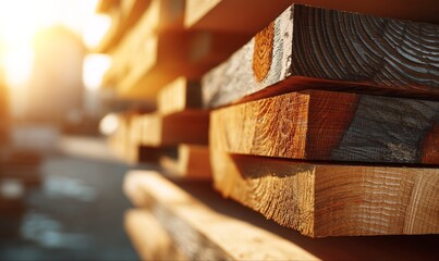 Close-up shot of stacked wooden planks, showcasing the texture and grain of the lumber.