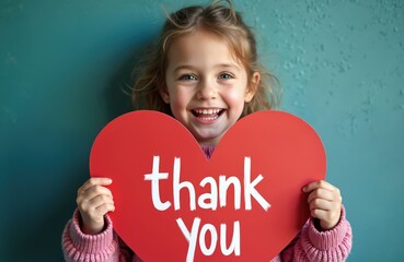 Smiling child holds red heart with thank you text. Young girl expresses happiness and gratitude for a gift or kindness. Positive emotion, childhood fun.