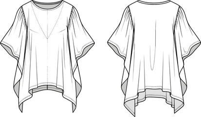 PrintTechnical Fashion Sketch of a Women's Oversized Batwing Tunic Blouse Featuring a Round Neckline, Draped Sides, and Asymmetric Sharkbite Hemline Detail