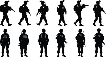 PrintSet of Military Soldier Silhouettes Carrying Rifles and Tactical Gear for Army Infantry Combat Missions, Special Forces Operations, and War © Creatives World