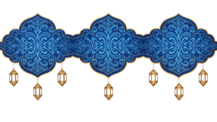 Ornate Blue and Gold Islamic Banner with Hanging Lanterns