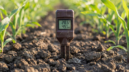 A digital moisture meter is embedded in dark soil among vibrant young corn plants. The screen displays a temperature of 28.5 degrees Celsius and a moisture level of 45%.