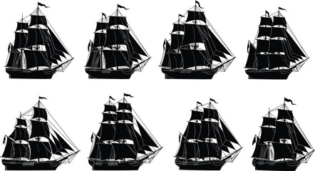 PrintSet of vintage sailing ship silhouettes, nautical maritime vessel icons, antique wooden sailboat illustrations isolated on white background for marine design © Creatives World