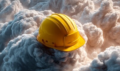 A yellow construction helmet rests atop a swirling mass of clouds, a surreal juxtaposition.