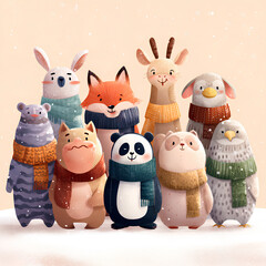 Cute Illustrated Animals Wearing Winter Scarves in Snowy Winter Scene