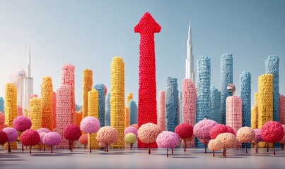 A vibrant cityscape with colorful buildings and a prominent red arrow pointing upwards.