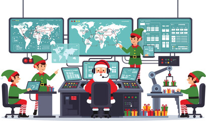 Santa and elves work together in a modern control room with screens and computers on a hasil akhir 12 project.